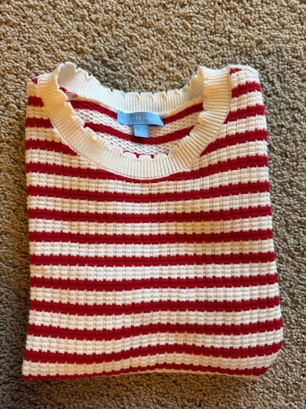 Draper James Cream and Red Striped Open-Knit Short Sleeve Top